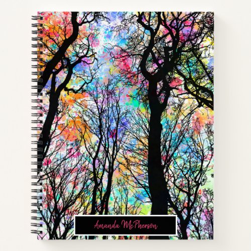 Personalized rainbow sky with silhouette trees notebook