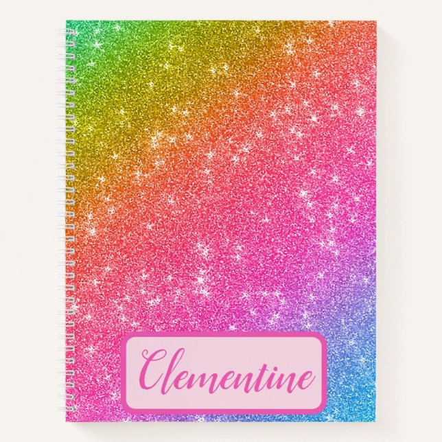 Personalized Rainbow Starry Glitter Sketchbook Notebook (Front)