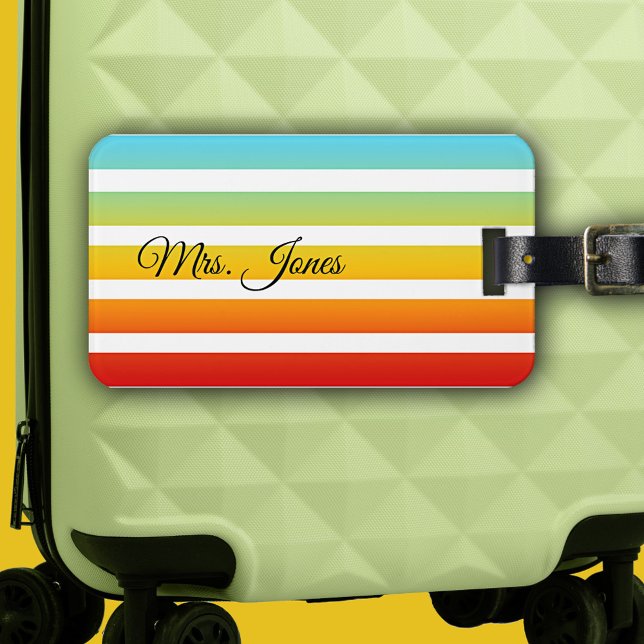 Personalized Rainbow Striped Luggage Tag (Elegant luggage tag featuring a festive rainbow colored stripe pattern on your own background color)