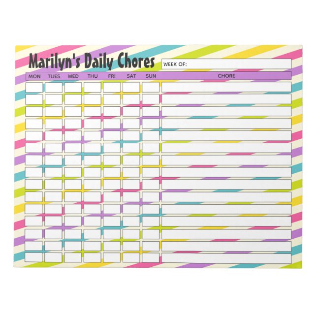 Personalized Rainbow Stripes Daily Chores Chart Notepad (Front)