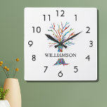Personalized Rainbow Tree Square Wall Clock<br><div class="desc">This colourful Wall Clock is decorated with a mosaic family tree in the colors of the rainbow.
Easily customizable with your name.
Because we create our own artwork you won't find this exact image from other designers.
Original Mosaic © Michele Davies.</div>