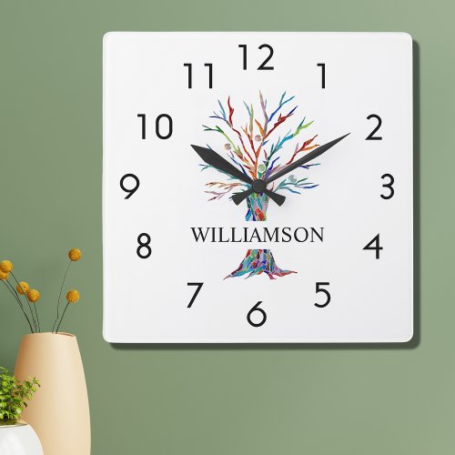 Personalized Rainbow Tree Square Wall Clock