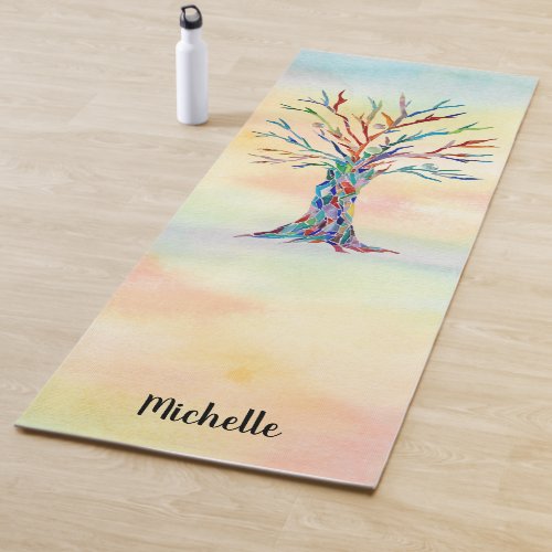 Personalized Rainbow Tree Watercolor Yoga Mat