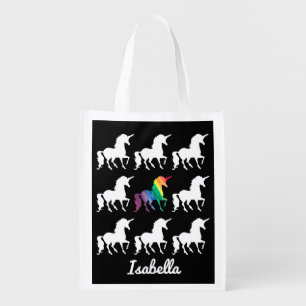Personalized Rainbow Unicorn Black & White Pattern Reusable Grocery Bag