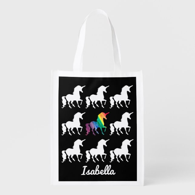 Personalized Rainbow Unicorn Black & White Pattern Reusable Grocery Bag (Front)