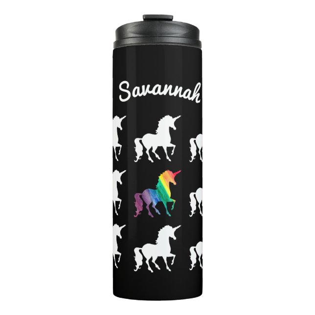 Personalized Rainbow Unicorn Black White Pattern Thermal Tumbler (Front)