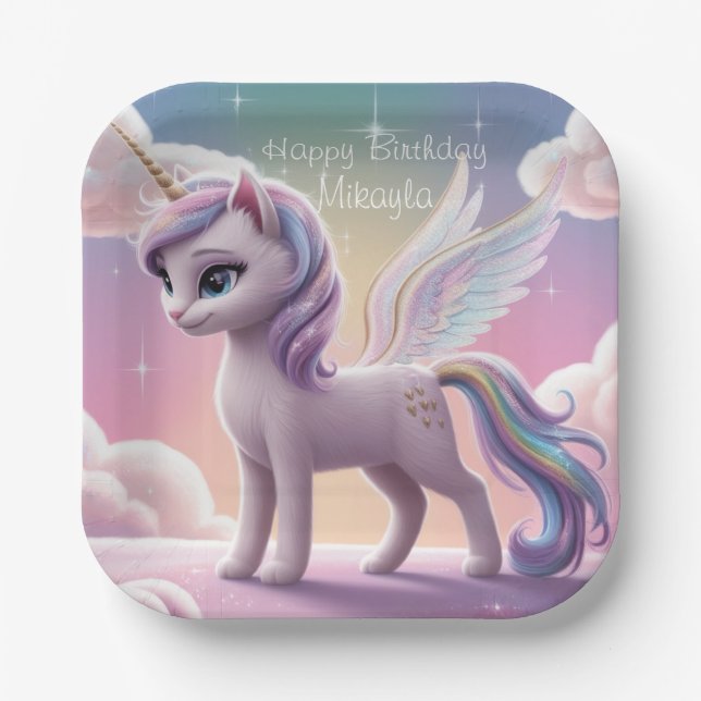 Personalized Rainbow Unicorn Cat Paper Plates (Front)