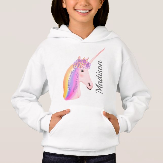 Personalized Rainbow Unicorn Flowers Girl's Hoodie (Front)