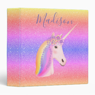 Personalized Rainbow Unicorn Glitter 3 Ring Binder