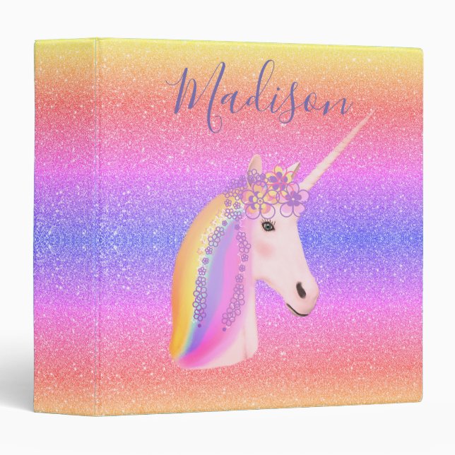 Personalized Rainbow Unicorn Glitter 3 Ring Binder (Front/Spine)