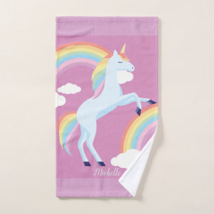 4pc CARO Home (2) Bath Towels (2) Hand Towel Unicorn's Pink Rainbow  Mystical Fun 