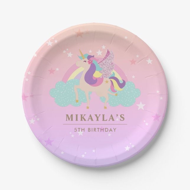 Personalized Rainbow Unicorn Magical Birthday Cute Paper Plates (Front)