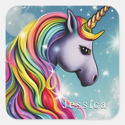 Personalized Rainbow Unicorn Name Square Sticker