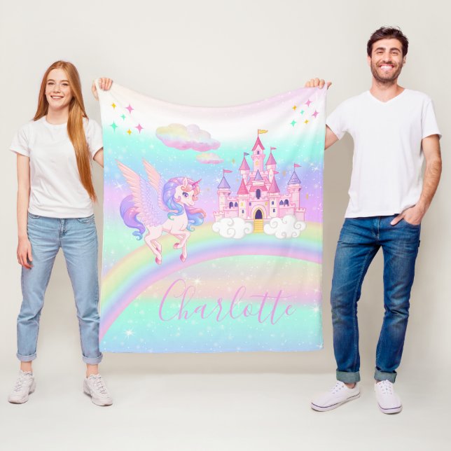 Personalized Rainbow Unicorn pastel  Fleece Blanket (In Situ)