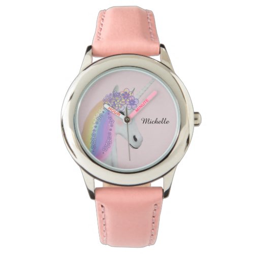 Personalized Rainbow Unicorn Pastel Pink Girls Watch