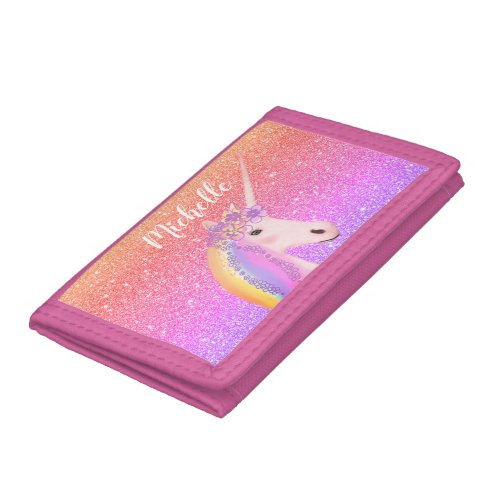 Personalized Rainbow Unicorn Pink Faux Glitter Trifold Wallet