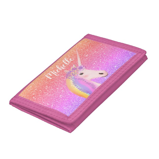 Personalized Rainbow Unicorn Pink Faux Glitter Trifold Wallet (Bottom)