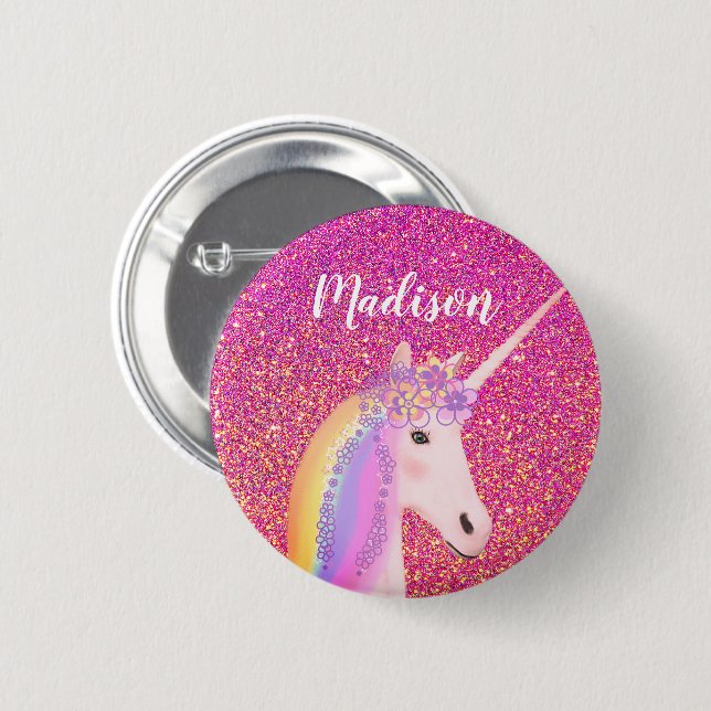 Personalized Rainbow Unicorn Pink Glitter Button (Front & Back)