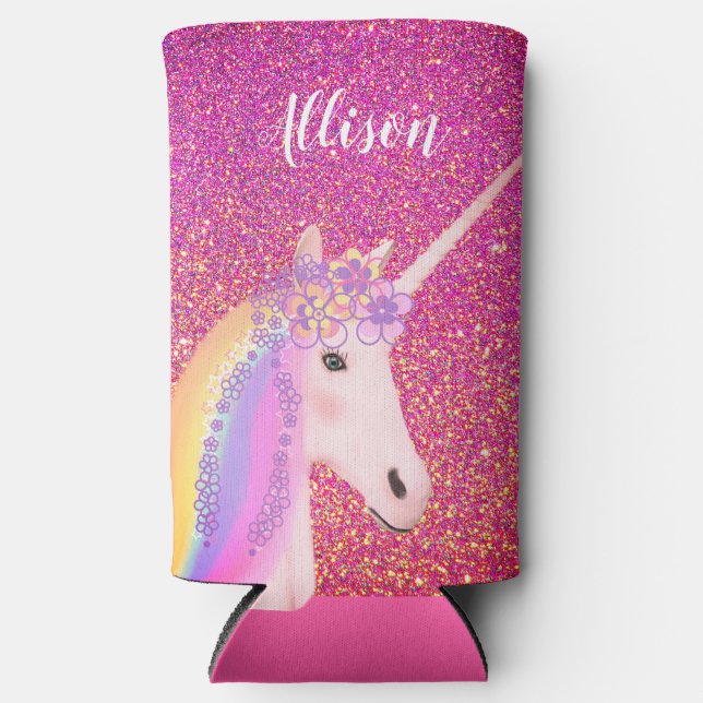 Personalized Rainbow Unicorn Pink Glitter Girls  Seltzer Can Cooler (Front)