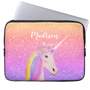 Personalized Rainbow Unicorn Pink Glitter Laptop Sleeve