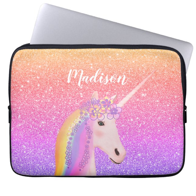 Personalized Rainbow Unicorn Pink Glitter Laptop Sleeve (Front)