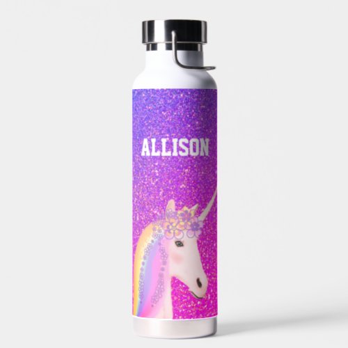 Personalized Rainbow Unicorn Purple Glitter Kids Water Bottle
