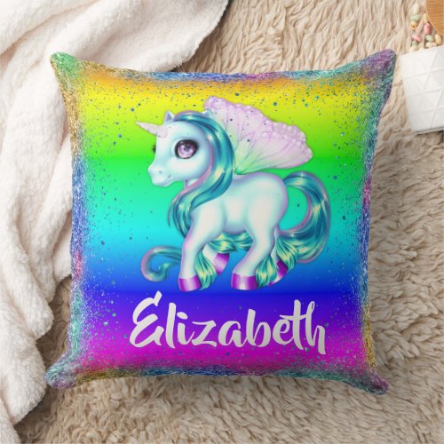 Personalized Rainbow Unicorn Throw Pillow