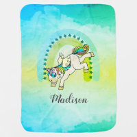 Personalized Rainbow Unicorn Watercolor  Baby Blanket