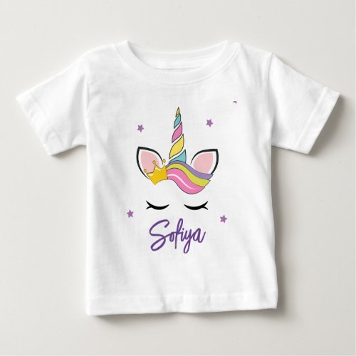 Personalized Rainbow Unicorn with eyelashes crown Baby T_Shirt