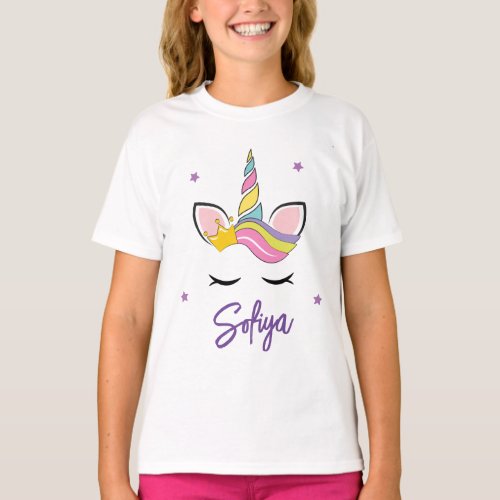 Personalized Rainbow Unicorn with eyelashes crown T_Shirt