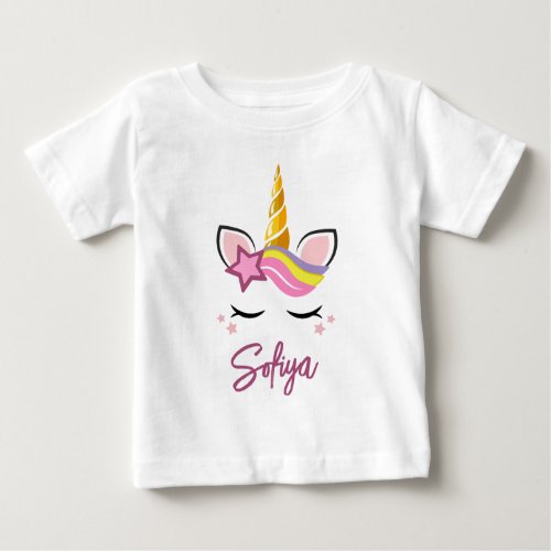 Personalized Rainbow Unicorn with eyelashes stars Baby T_Shirt