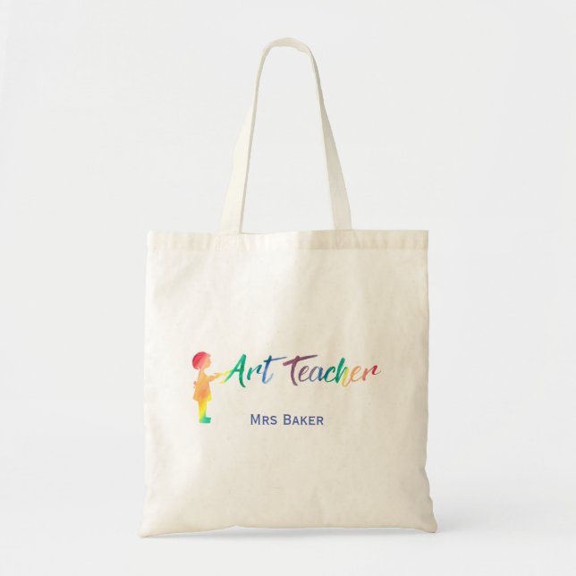 Personalized Rainbow Watercolor Art Teacher Unique Tote Bag (Front)