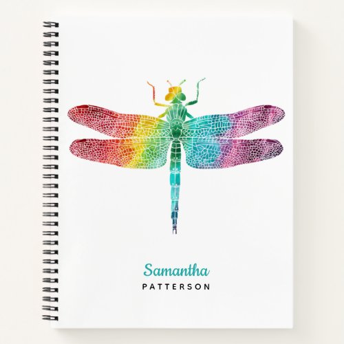 Personalized Rainbow Watercolor Dragonfly Feminine Notebook