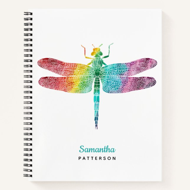 Personalized Rainbow Watercolor Dragonfly Feminine Notebook (Front)