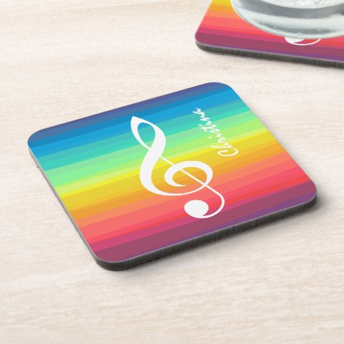 Personalized Rainbow Watercolor Treble Clef Beverage Coaster