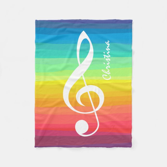 Personalized Rainbow Watercolor Treble Clef Fleece Blanket (Front)