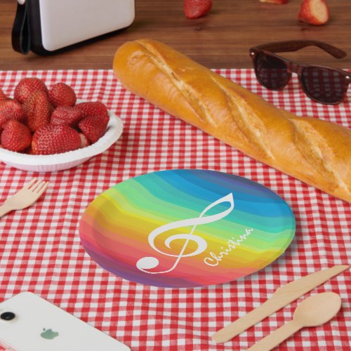 Personalized Rainbow Watercolor Treble Clef Paper Plates