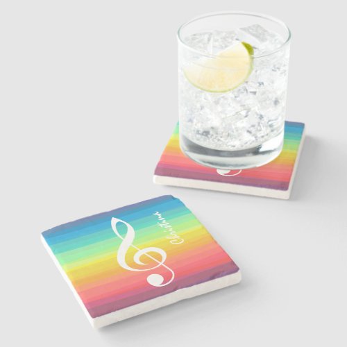 Personalized Rainbow Watercolor Treble Clef Stone Coaster