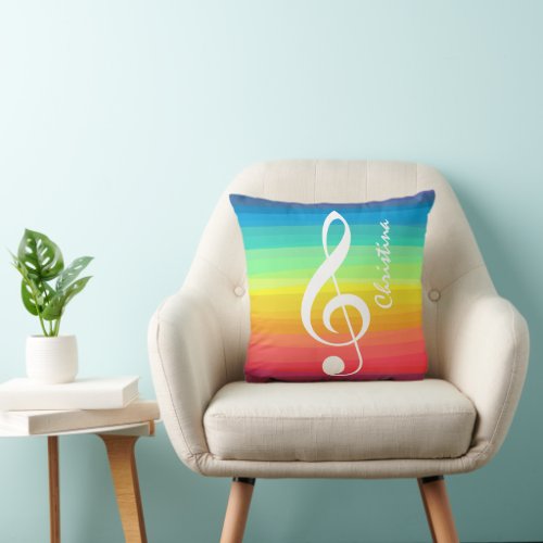 Personalized Rainbow Watercolor Treble Clef Throw Pillow