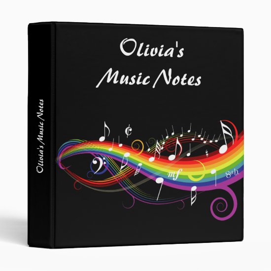 Personalized Rainbow White Music Notes on Black 3 Ring Binder