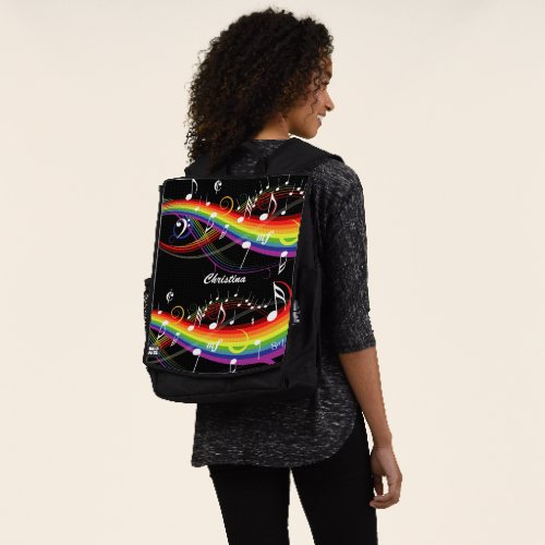 Personalized Rainbow White Music Notes on Black Backpack