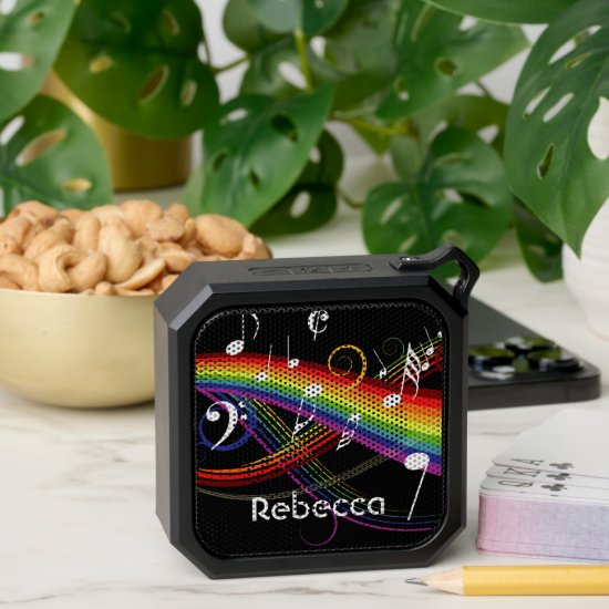 Personalized Rainbow White Music Notes on Black Bluetooth Speaker