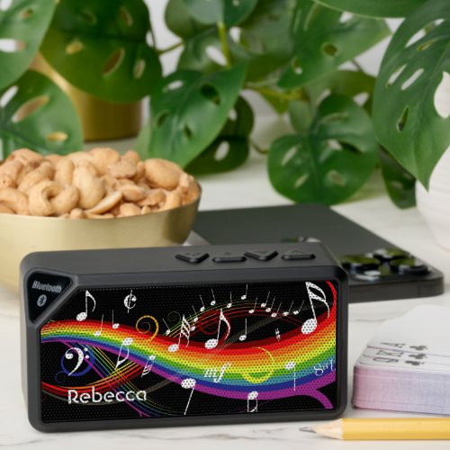 Personalized Rainbow White Music Notes on Black Bluetooth Speaker