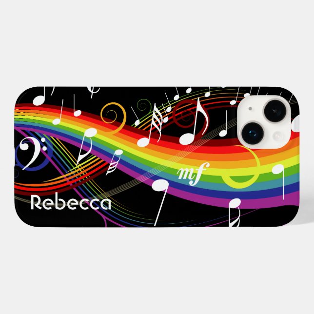 Personalized Rainbow White Music Notes on Black Case-Mate iPhone Case (Back (Horizontal))