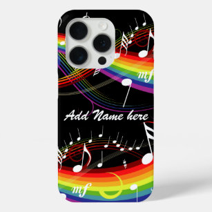 Personalized Rainbow White Music Notes on Black iPhone 15 Pro Case
