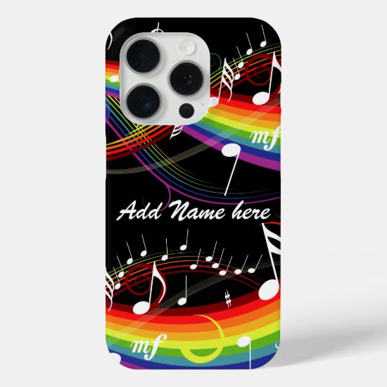 Personalized Rainbow White Music Notes on Black iPhone 15 Pro Case