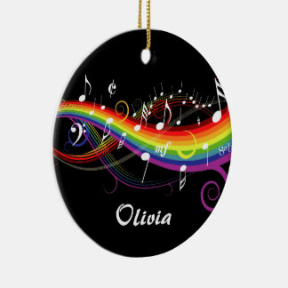 Personalized Rainbow White Music Notes on Black Ceramic Ornament