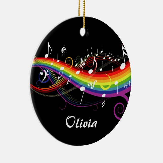 Personalized Rainbow White Music Notes on Black Ceramic Ornament (Right)