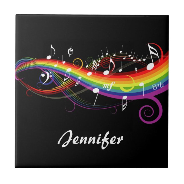 Personalized Rainbow White Music Notes on Black Ceramic Tile (Front)