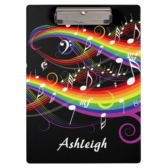 Personalized Rainbow White Music Notes on Black Clipboard (Front)